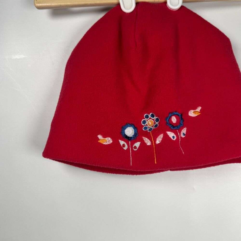 Banz Floral Embroidered Fleece Beanie Hat Red Kids One Size Cozy Winter Kidcore